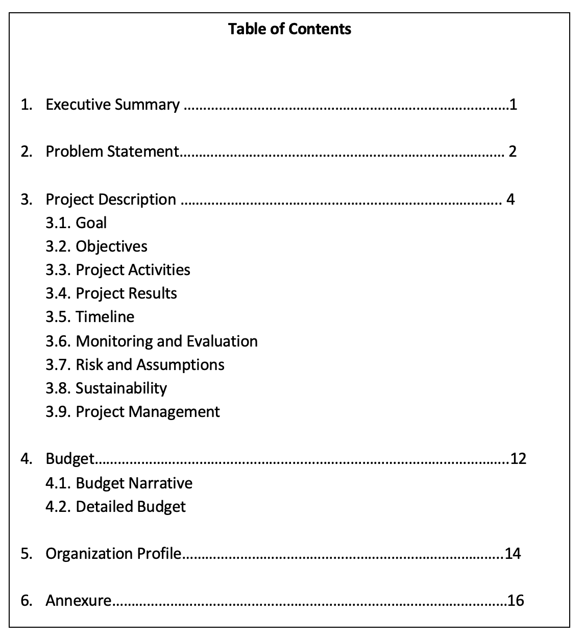 how to make table of contents in research proposal